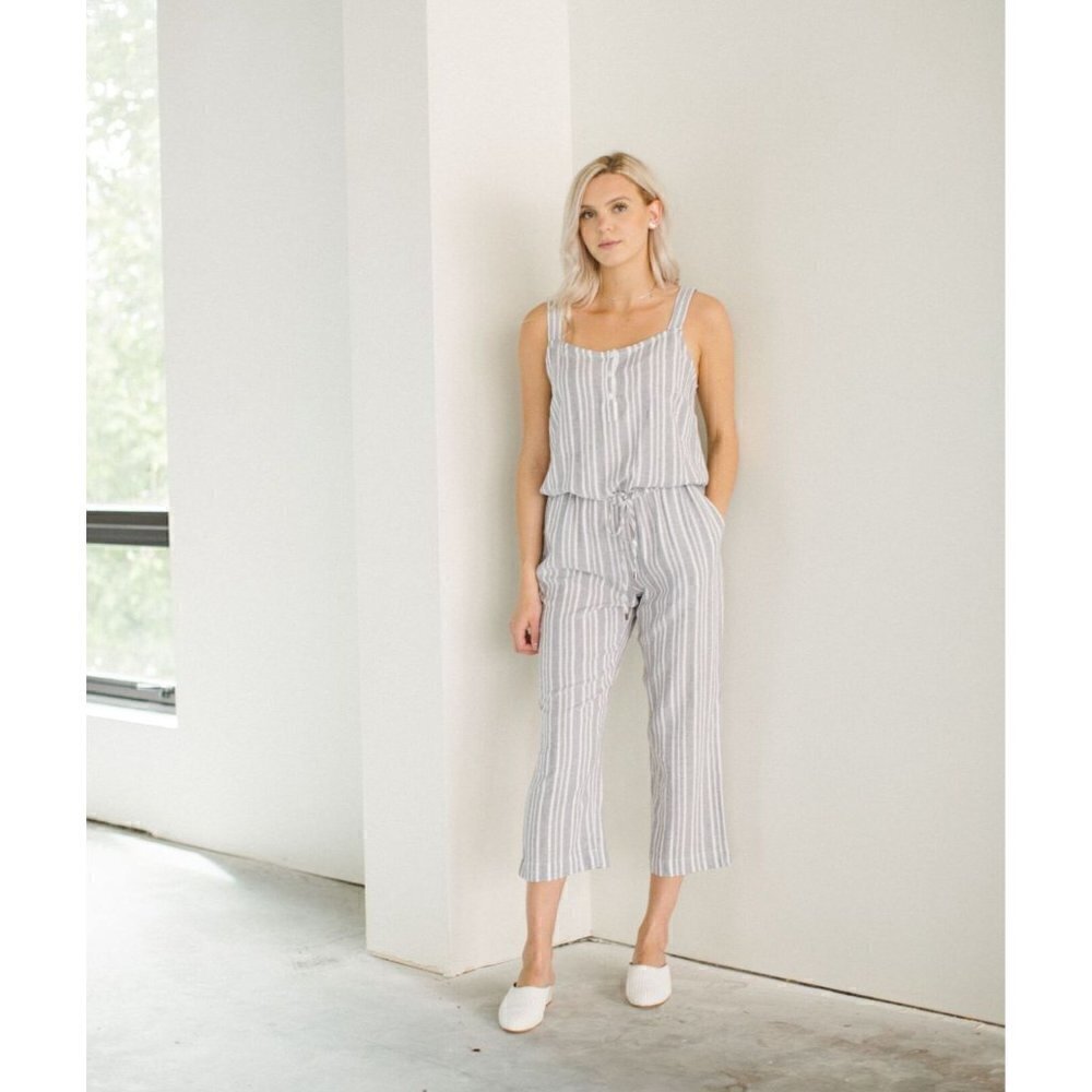Rails Brooklyn Gray & White Caldas Stripe Crop Wide Leg‎ Jumpsuit M